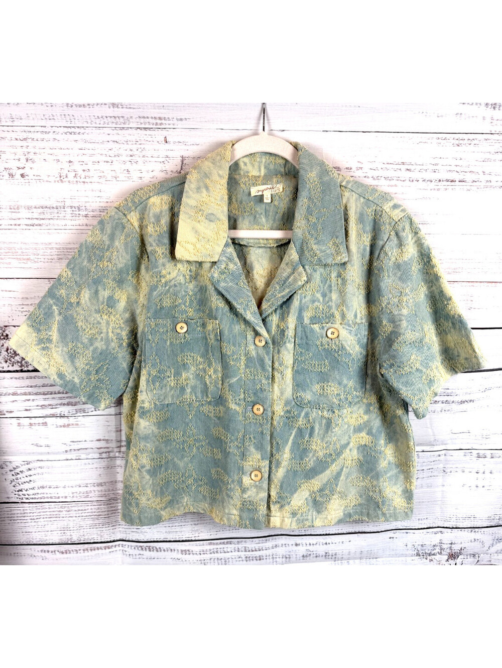 MYSTREE blue ivory tie dye textured jacquard denim cropped jacket size L